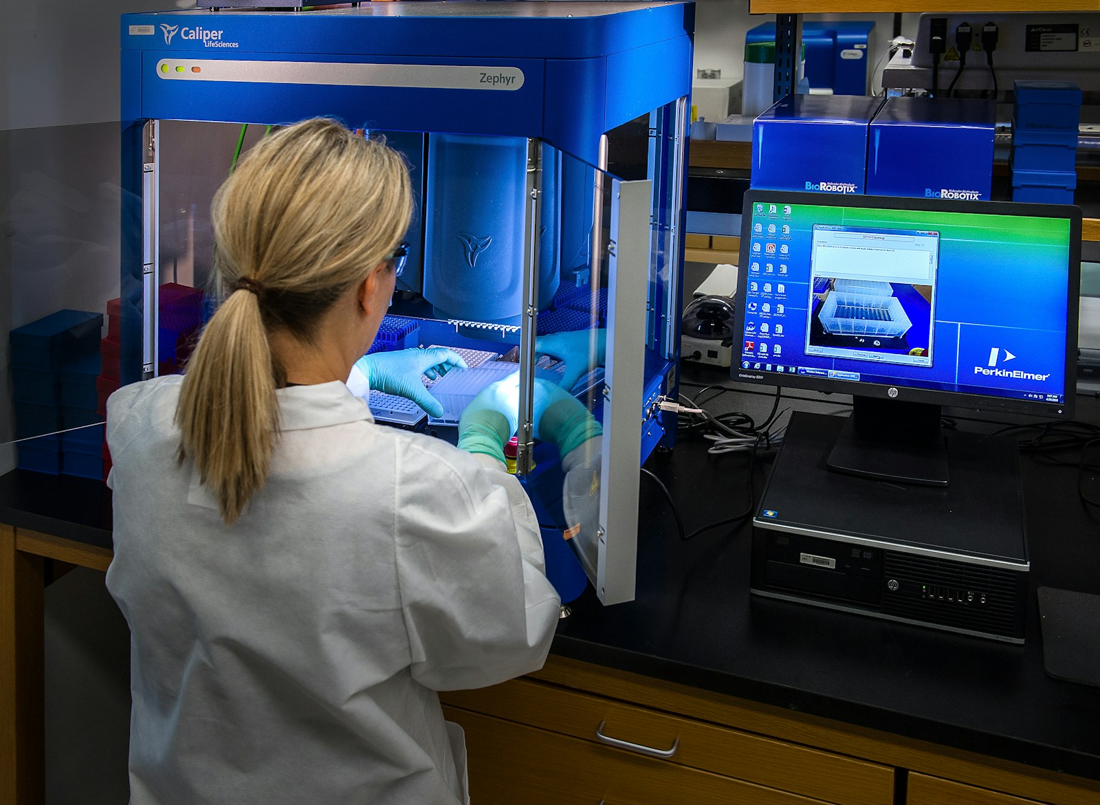 A scientist working with laboratory samples beside a computer workstation.